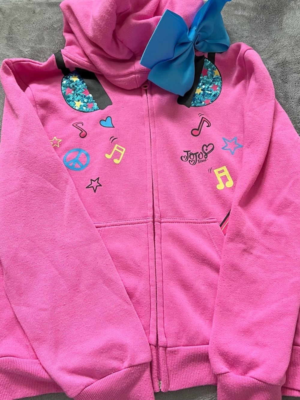 Girl’s Nickelodeon Pink Hooded Jacket with Blue Bow & Music Accents Size 10/12 L